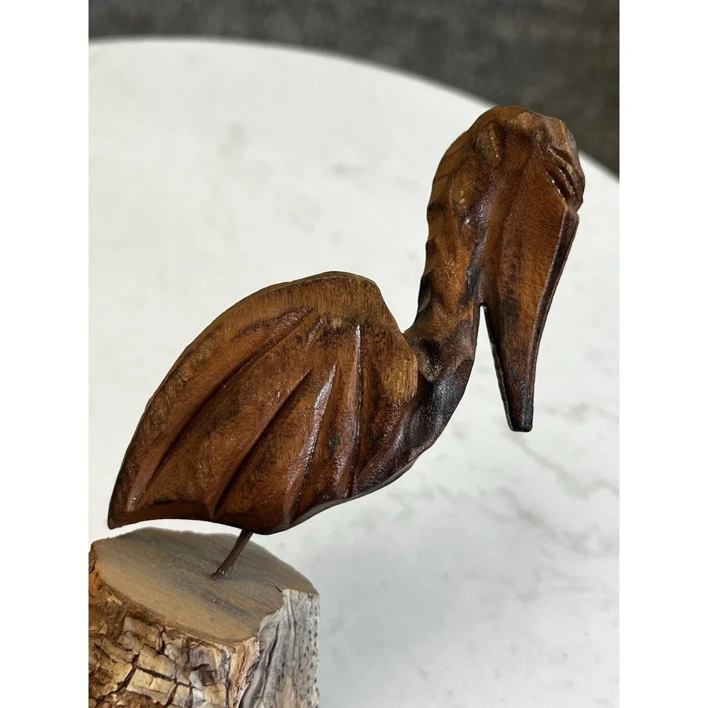 Vtg Hand Carved Wood Pelican Sculpture Driftwood Coastal Nautical Folk Art